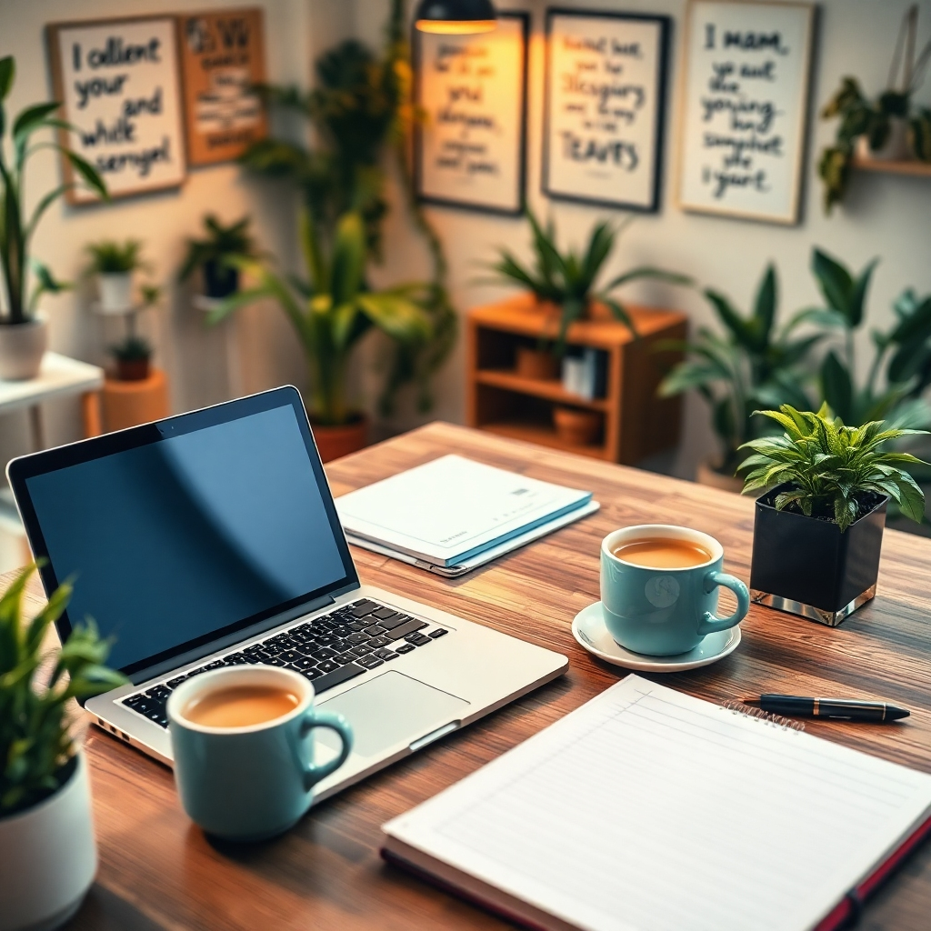 Create a photorealistic header image that represents Gunter Eibl's content writing and marketing services. The image should feature a well-organized desk with a laptop, a notebook filled with notes, and a steaming cup of coffee. The lighting should be warm and inviting, emphasizing a productive work environment. Use a color palette of soft browns and whites to convey professionalism and creativity. The camera angle should capture the desk from a slight overhead perspective, showcasing the texture of the wooden desk and the sleek laptop. The environment should be a cozy office space filled with plants and inspirational quotes on the walls. The style should resonate with contemporary workspace aesthetics. Technical specs: 8K resolution, hyperrealistic.