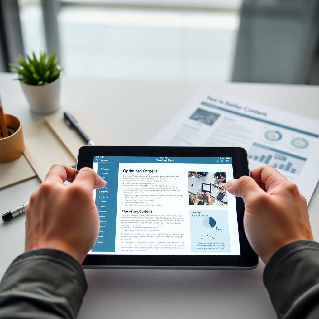 Create an informative image displaying a digital tablet showcasing an optimized content layout, surrounded by notes and a marketing plan document. The background should be a modern workspace with a neutral color palette to enhance focus on the tablet. A close-up angle should highlight hands adjusting the digital content. Technical specs: high quality.