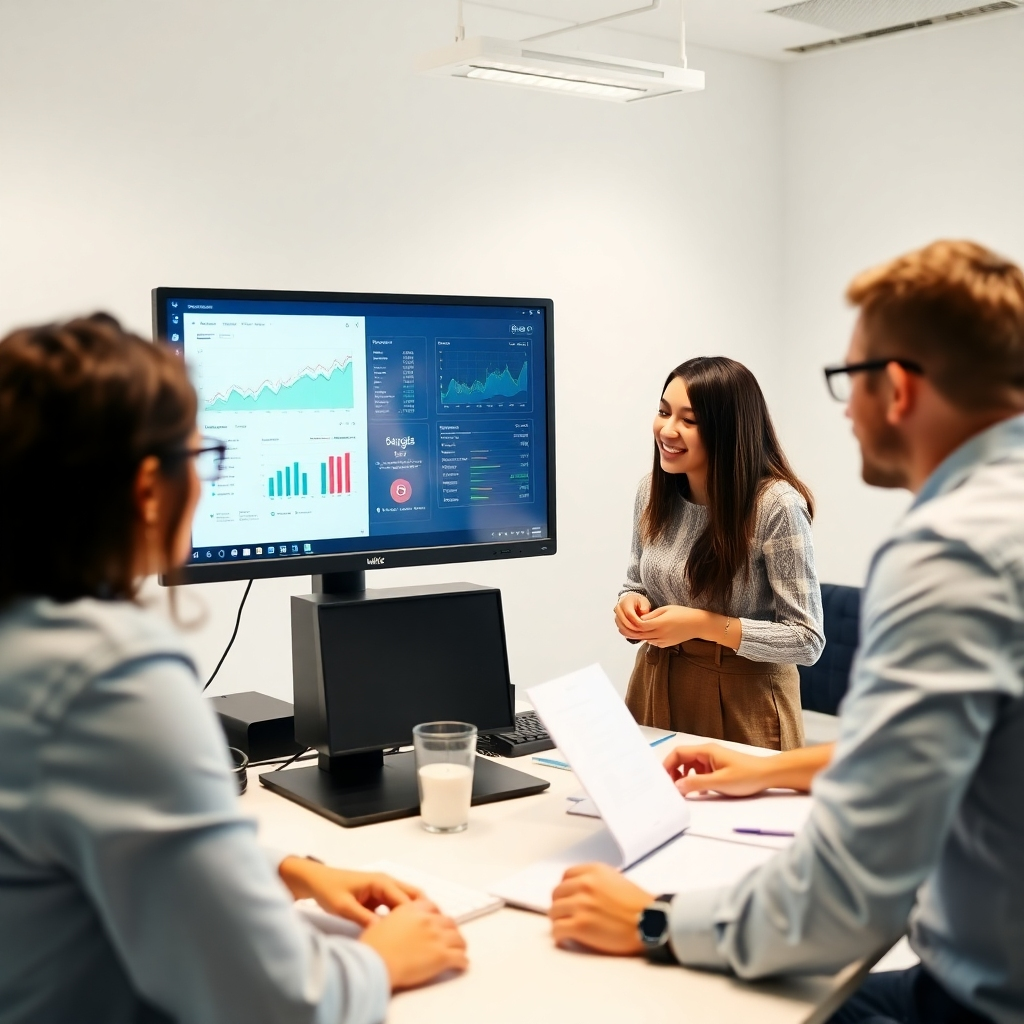 Depict an image of a team gathered around a computer screen displaying analytics reports. The setting should have a collaborative feel, reflecting engaged discussions among team members on strategy adjustments. The lighting should be bright and inviting, using a clean color palette to maintain focus on the screen. A wider angle should encompass the dynamic environment of the workspace. Technical specs: high quality.