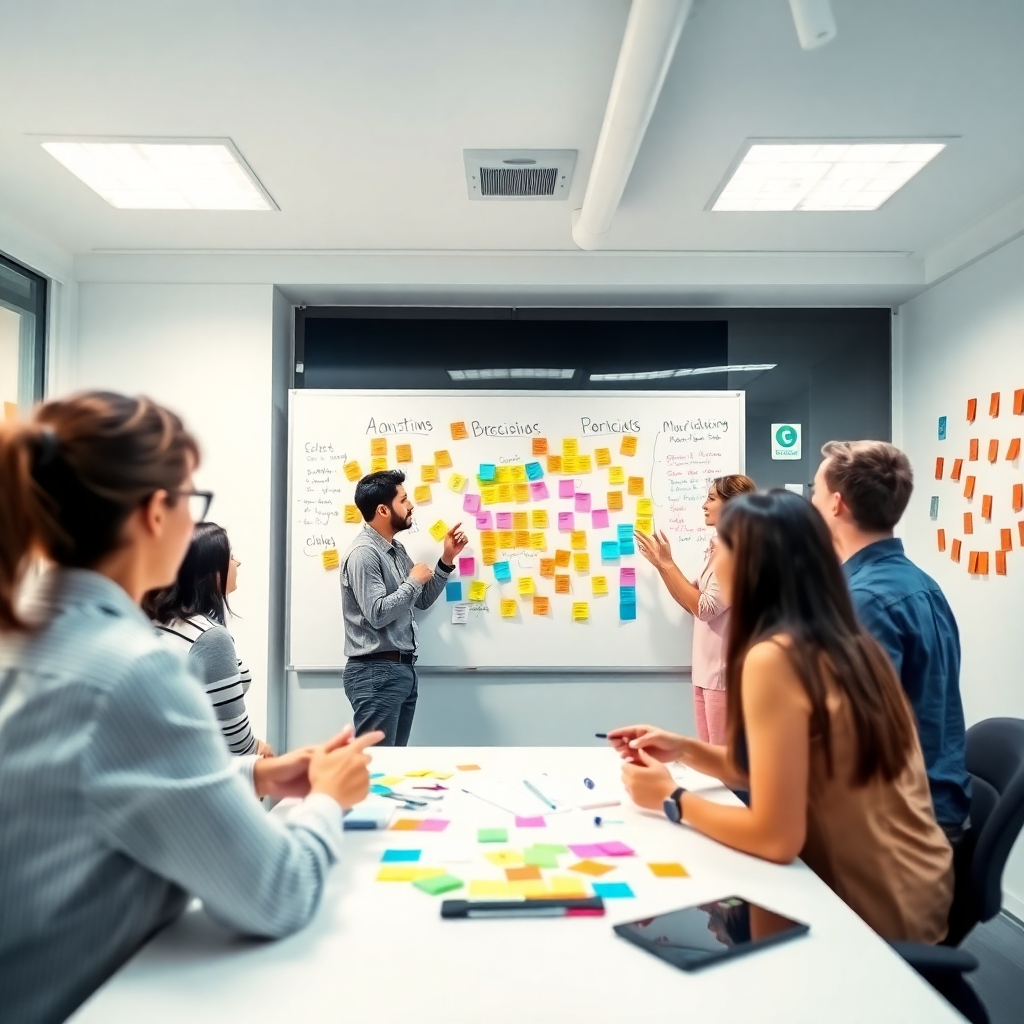 Visualize an image showing a creative workshop with professionals actively engaging in discussions around a whiteboard filled with notes and ideas. The room should be vibrant, filled with colors from flip charts and sticky notes. Bright lighting should enhance the energy of the space. The camera angle should capture participants from a slight overhead perspective to showcase their involvement. Technical specs: high quality.