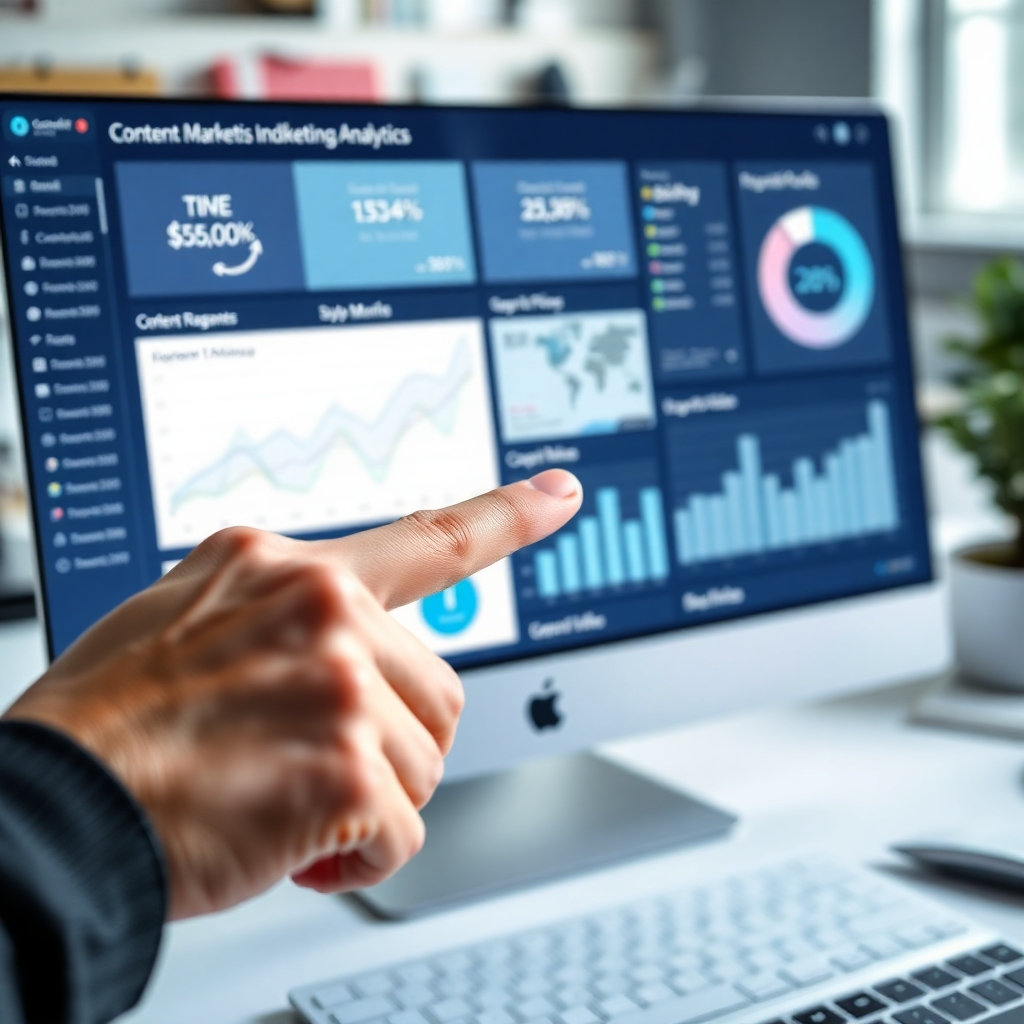  Craft a photorealistic image of a digital dashboard displaying key performance metrics and analytics related to content marketing. The scene should show a hand pointing to the screen, indicating focus on growth indicators. Use a tech-themed color palette with dark blues and whites for modernity. The image should be shot from a close-up angle, emphasizing the details of the dashboard while showing the workspace in the background. Technical specs: high quality.
