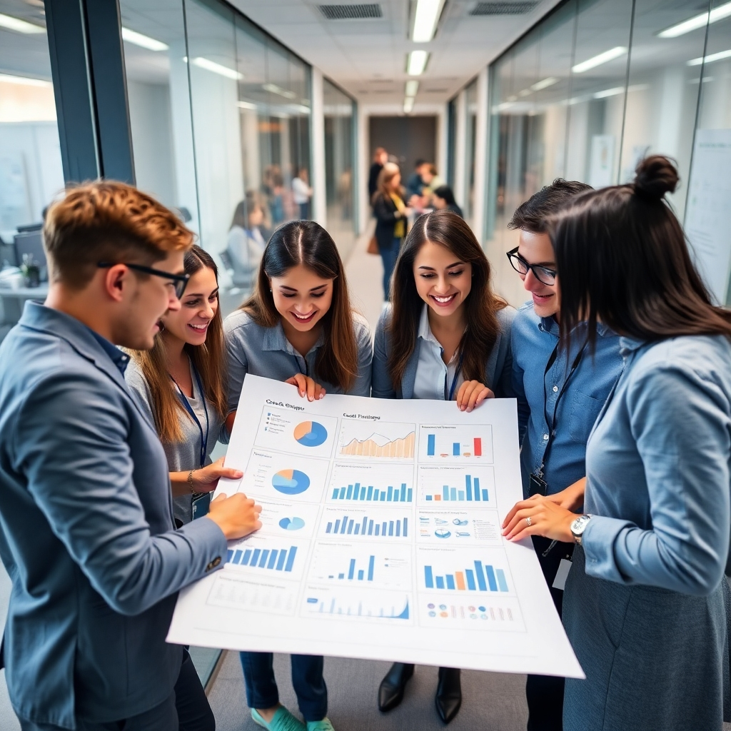  Create an engaging image showing a team of professionals discussing content strategies over a large document filled with charts and graphs. The setting should be a collaborative workspace with a glass wall separating them from a busy corridor. Use cool tones like blue and gray to give a professional vibe, highlighting the teamwork element. The camera angle should capture the dynamic interactions among team members, showcasing their enthusiasm. Technical specs: high quality.