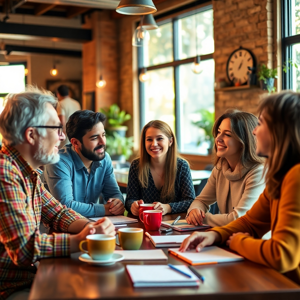 Create an image capturing a group of engaged individuals exchanging ideas in a café setting. The ambiance should be lively and warm with natural light streaming in. Use a varied color palette with earthy tones and vibrant accents to evoke a welcoming feeling. The focus should be on their collaborative discussion with coffee cups and notebooks scattered on the table. The angle should be a side view that showcases expressions of engagement. Technical specs: high quality.