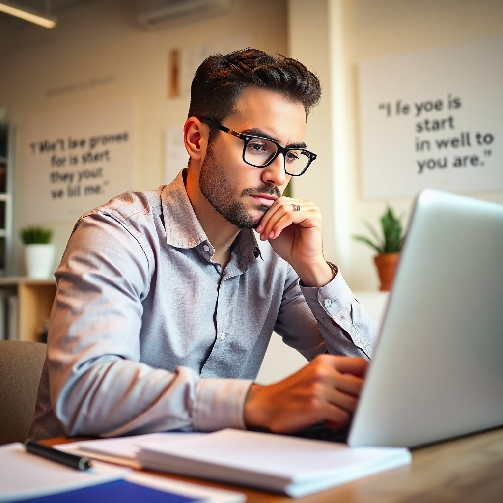 Create an image showing a professional writer deep in thought at a laptop, surrounded by notes. The workspace should be bright and organized, with inspirational elements like quotes on the wall. Use warm lighting and a contemporary color palette. The angle should focus on the writer's expression, emphasizing creativity. Technical specs: high quality.