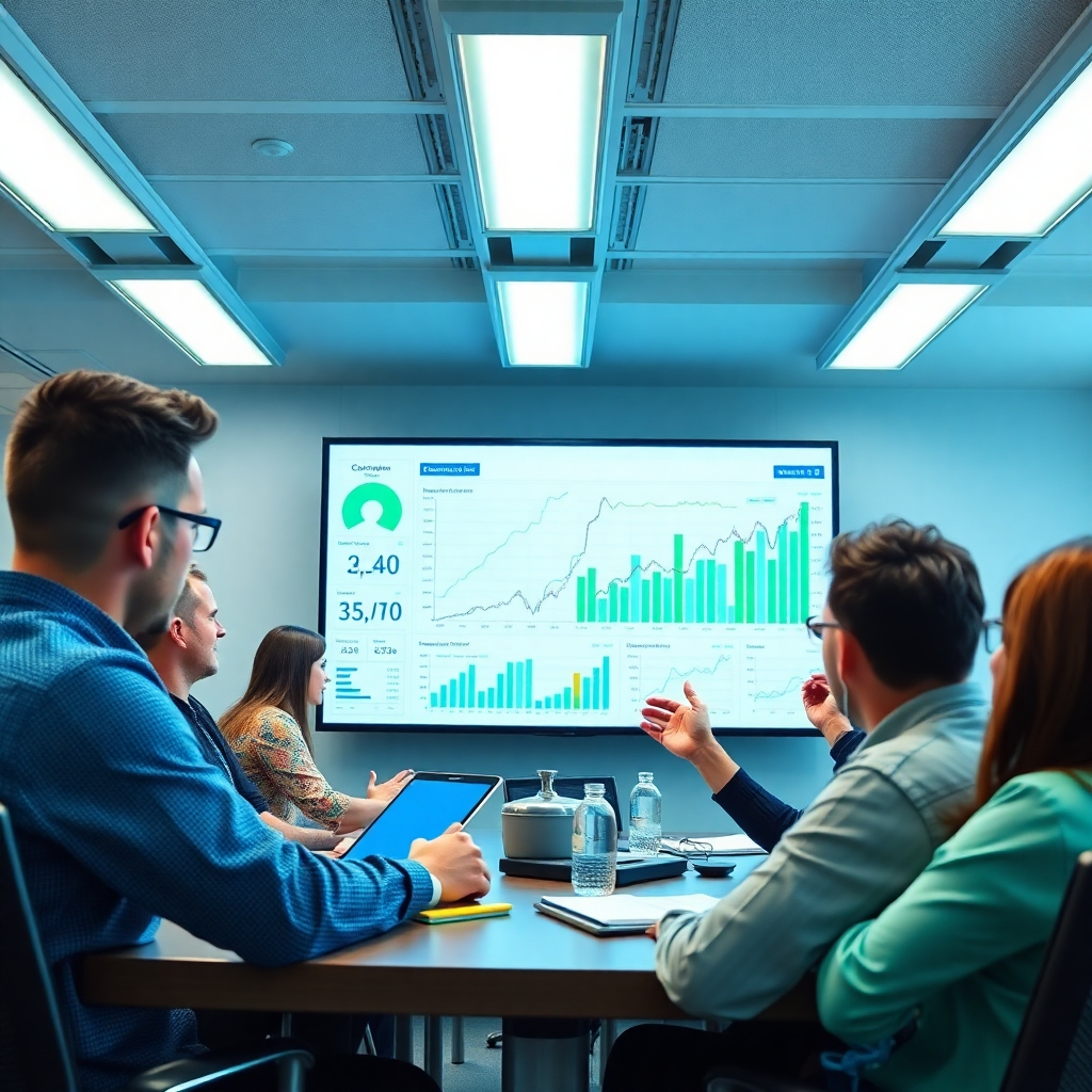 Depict an impactful image showing a marketing team dissecting customer data and conversion metrics in a conference room. The setting should have a large screen displaying graphs in a modern office. Bright overhead lights should illuminate the room. Use blue and green tones to invoke professionalism and growth. A wider angle is preferred to capture the entire team and their discussions. Technical specs: high quality.