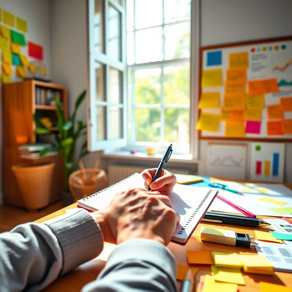  Visualize a vibrant image that captures the essence of creativity in content writing. The image should feature a person writing on a notepad, surrounded by colorful brainstorming materials like sticky notes and charts. The room should be well-lit, with an open window letting sunlight enhance the colors. Use a lively color palette with yellows and greens to evoke energy. The composition should focus on the writer's hands in action while the camera angle showcases their creative workspace. Technical specs: high quality.