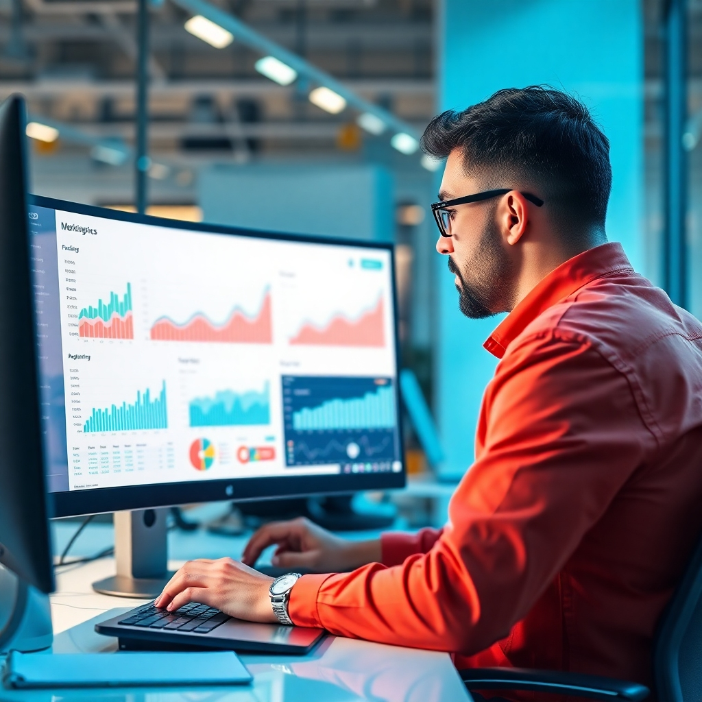 Visualize an image of a digital marketing specialist analyzing SEO metrics on a computer. The environment should be a modern office space with data visualization on the screen. Use cool colors to convey professionalism. A close-up shot should focus on the screen, showcasing the analytics with clarity. Technical specs: high quality.